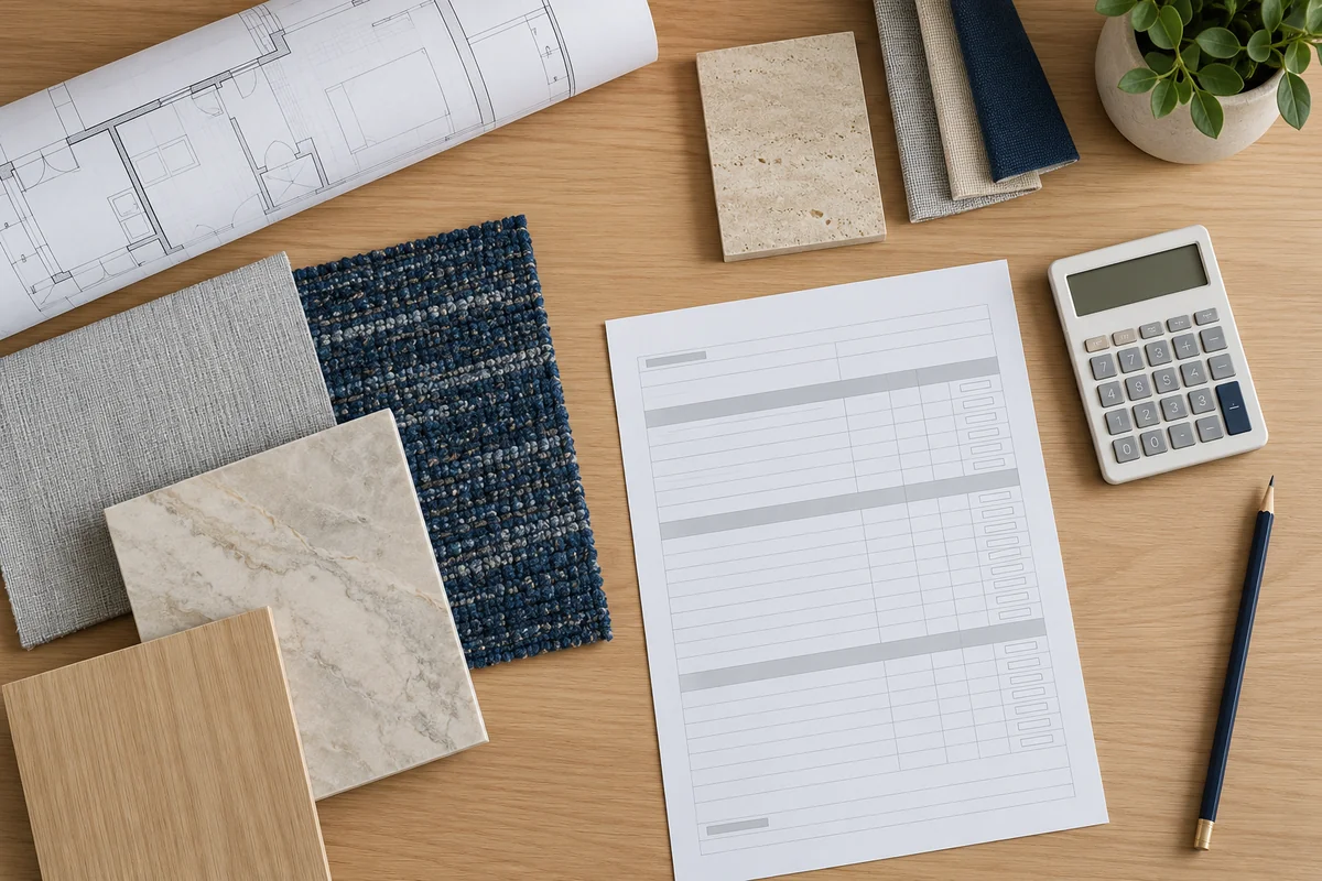 Samples, quantities and tools for reviewing a finishes estimate
