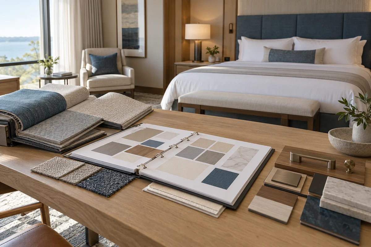 Model guestroom and finish selections for reviewing hotel standards