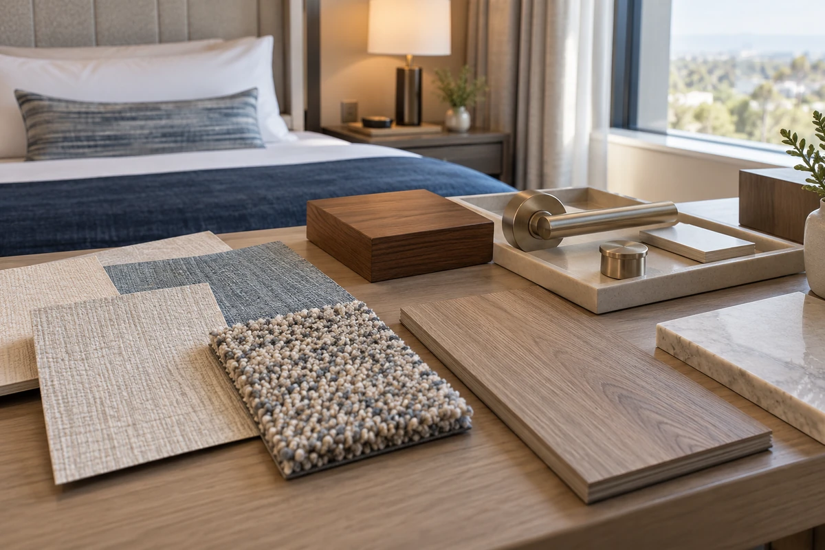 Selection of wallcoverings, flooring and hardware for a hotel interior